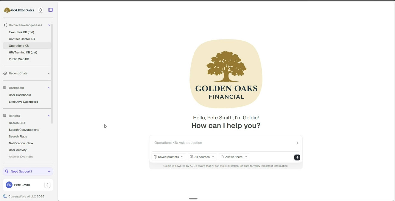CurrentWave Portal branded for Golden Oaks Financial, our demo institution, with its assistant, Goldie